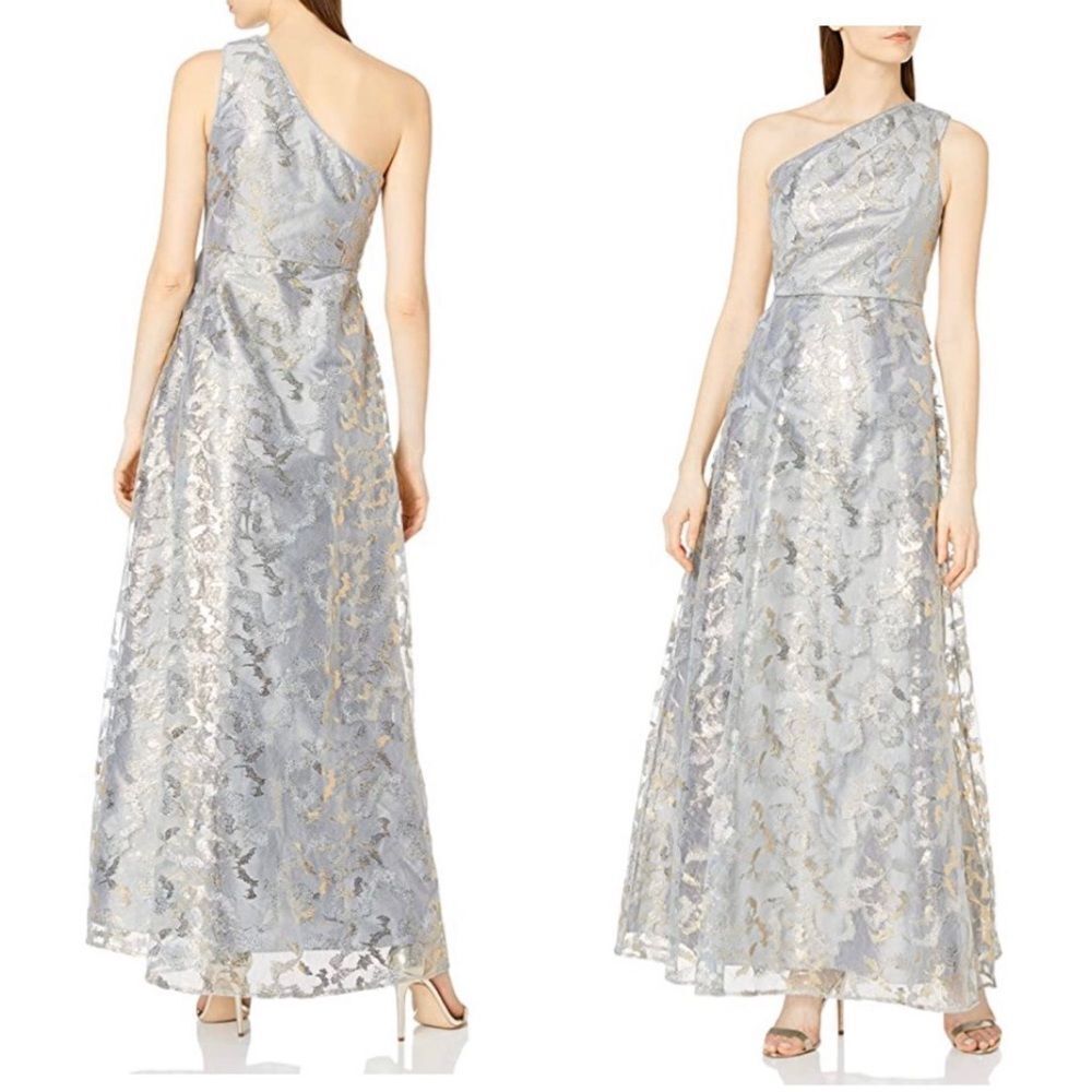 NEW ! Adrianna Papell metallic one shoulder lace gown 10